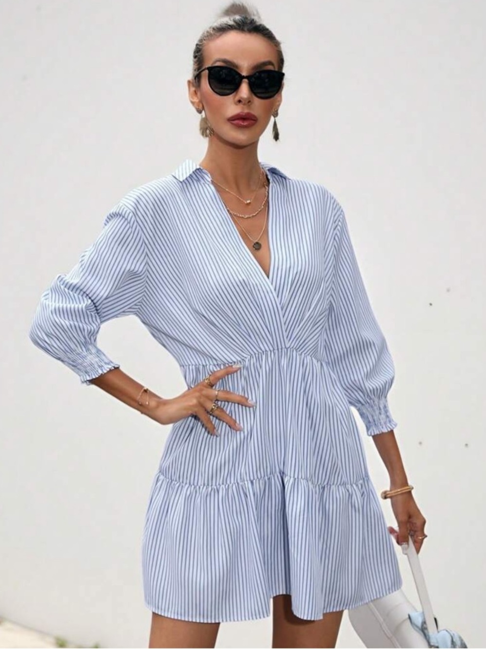 Blue Striped Wrap Mini Casual Dress – S - Picture 6 of 7